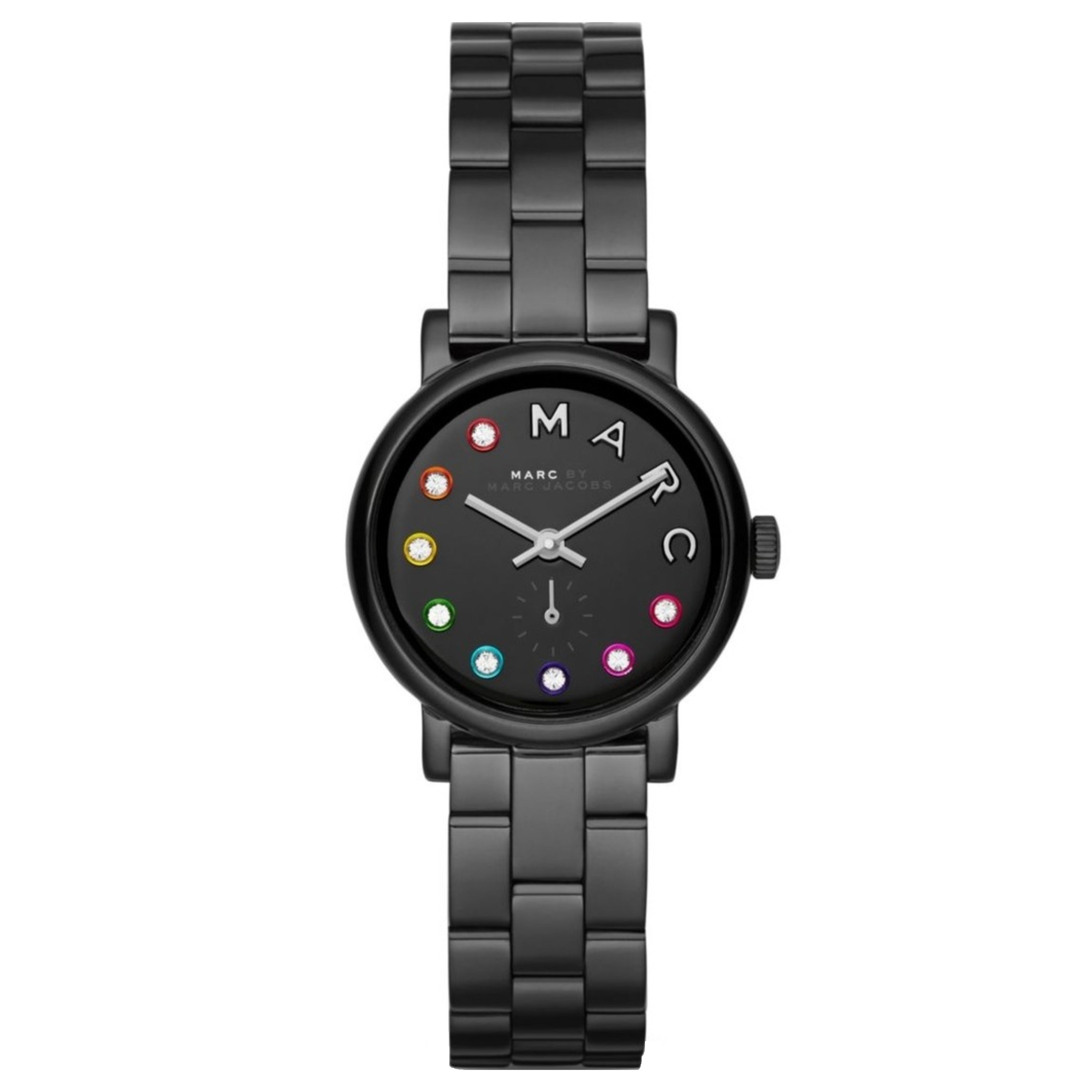 Marc by Marc Jacobs Baker black ladies watch with black stainless steel bracelet and colorful crystal hour markers