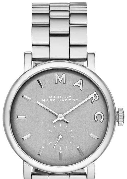 Angled view of Marc by Marc Jacobs Baker grey dial watch with link bracelet