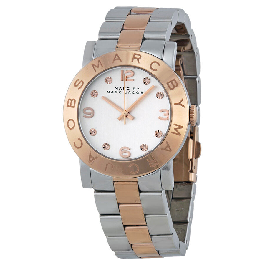 Marc by Marc Jacobs Blade watch with white dial, rose gold bezel, and two-tone bracelet