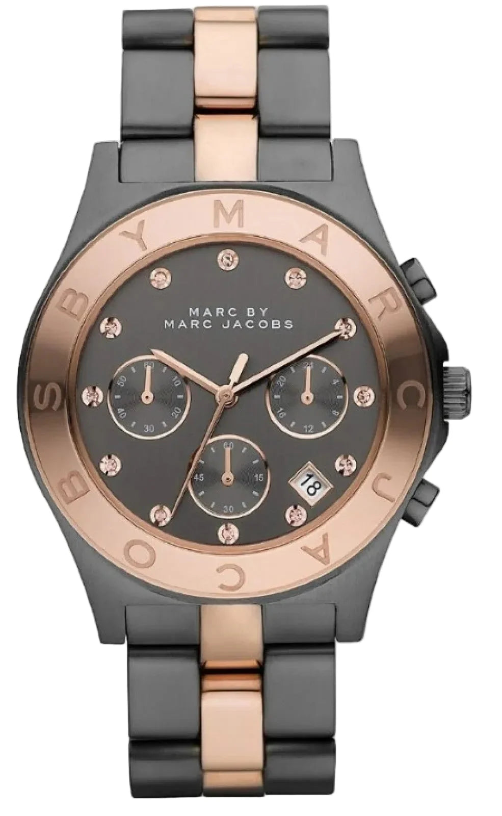 Marc by Marc Jacobs Blade chronograph watch with grey dial, rose gold and grey two-tone case and bracelet