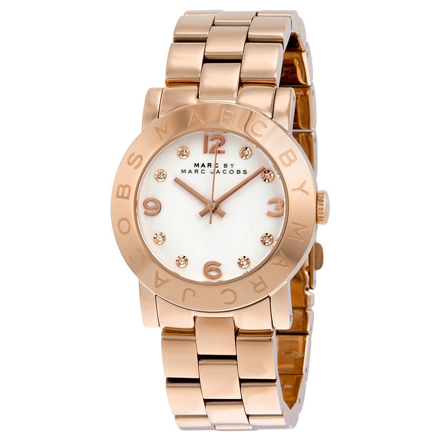 Marc by Marc Jacobs white dial rose gold-tone ladies watch with crystal hour markers and link bracelet