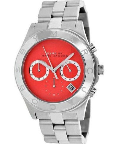 Marc by Marc Jacobs Blade MBM3306 three-quarter view showing orange dial and steel link bracelet