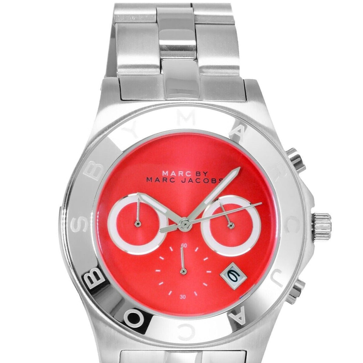 Marc by Marc Jacobs Blade MBM3306 front view highlighting orange dial with dual subdials