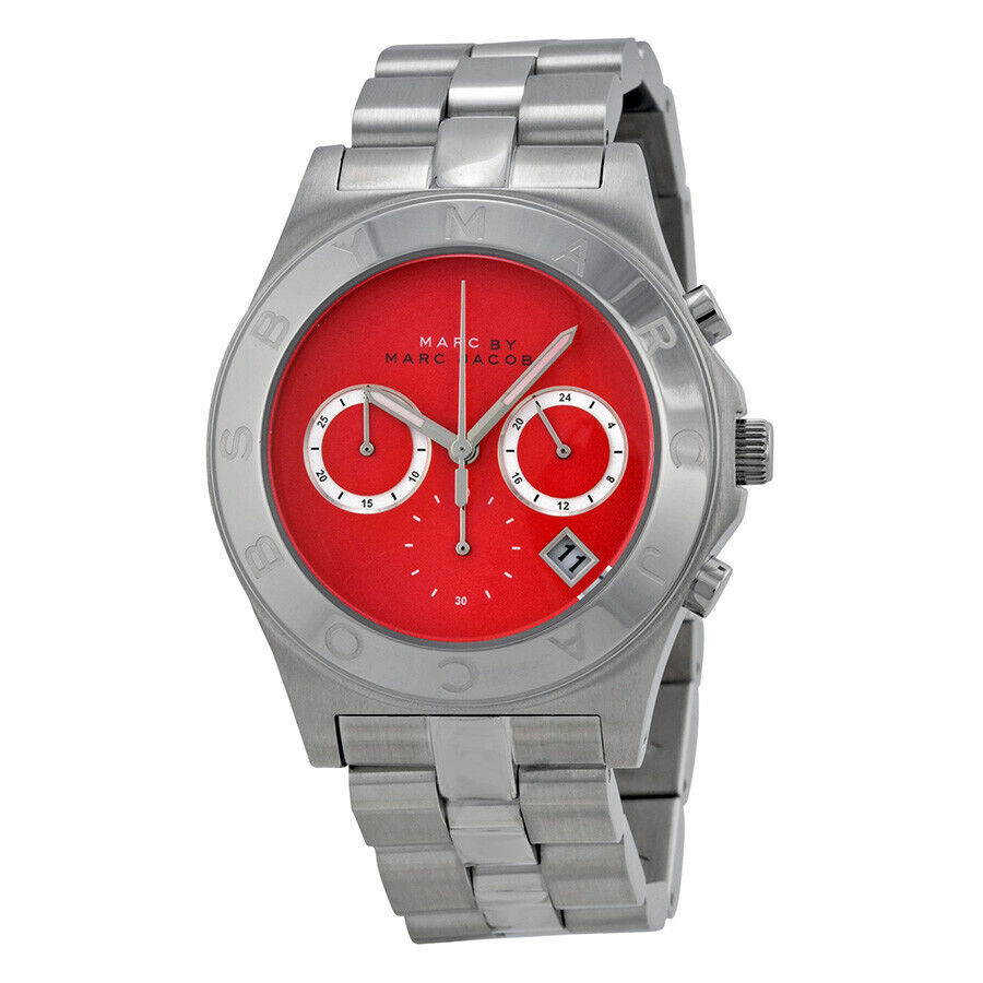 Marc by Marc Jacobs Blade MBM3306 chronograph watch with red-orange dial and silver steel case