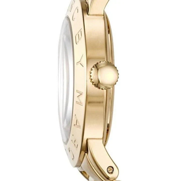 Side profile of gold-tone steel case and bracelet with crown detail