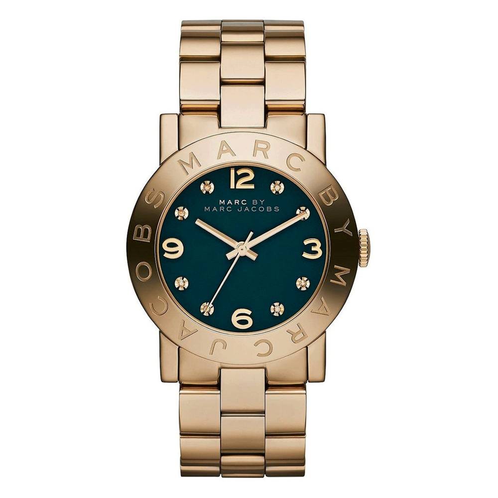 Gold-tone women's watch with dark teal dial, diamond indices, and Marc by Marc Jacobs bezel
