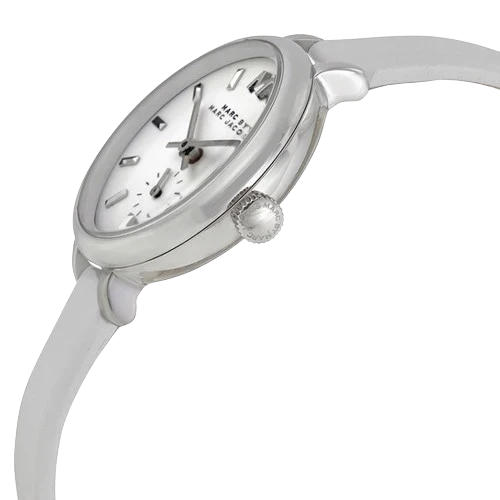 Sally watch angled view with white dial, white leather strap, and minimalist design