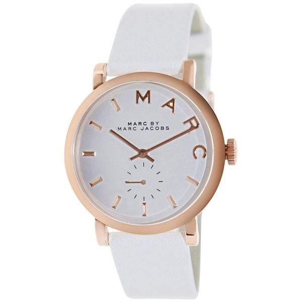 Marc by Marc Jacobs Baker watch with white dial, rose gold case, and white leather strap