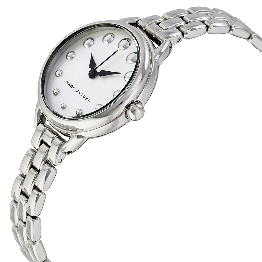 Marc Jacobs Betty watch angled view showing white dial and silver-tone link bracelet