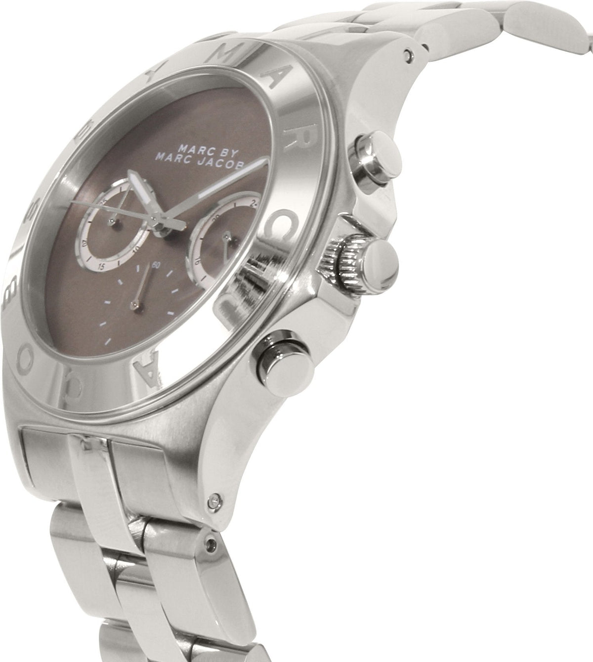 Marc Jacobs Blade MBM8636 side angle view showing silver steel case and chronograph pushers
