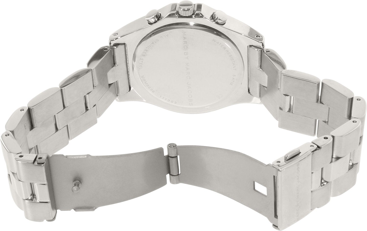 Marc Jacobs Blade MBM8636 caseback view of silver steel bracelet band