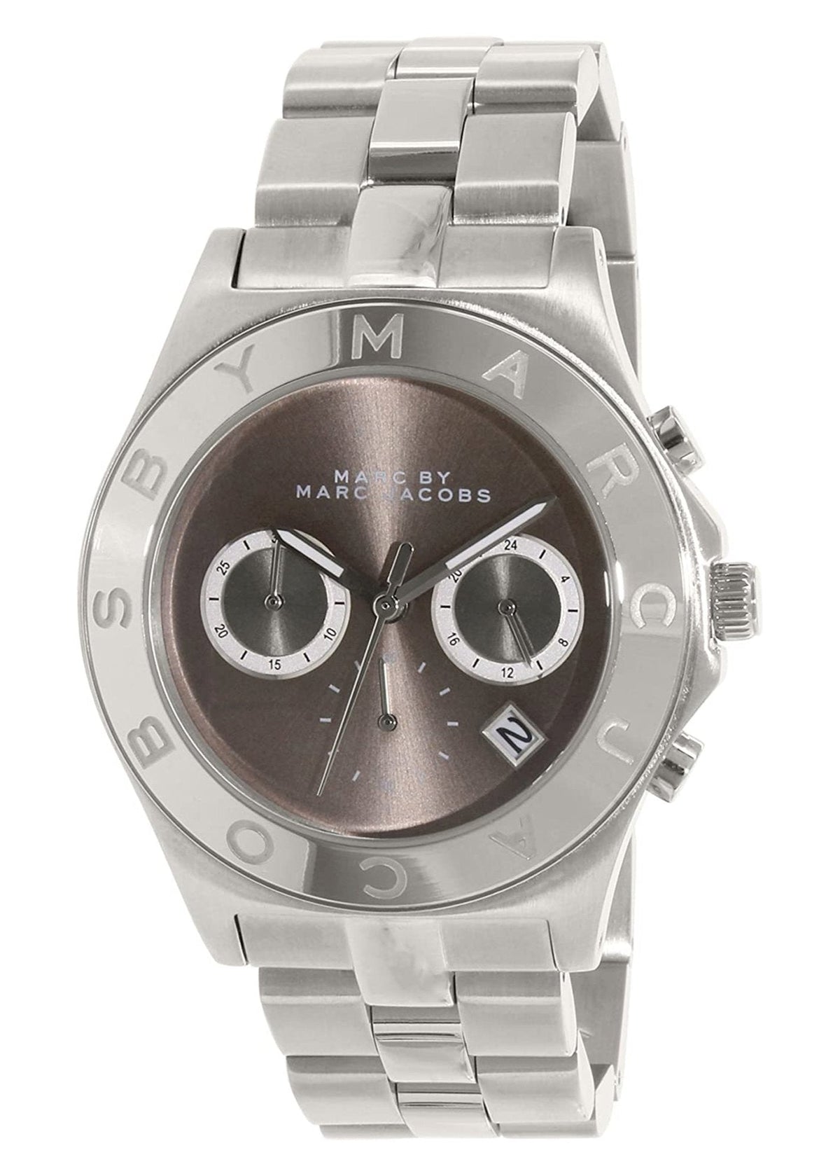 Marc Jacobs Blade MBM8636 chronograph watch with brown dial and silver steel bracelet