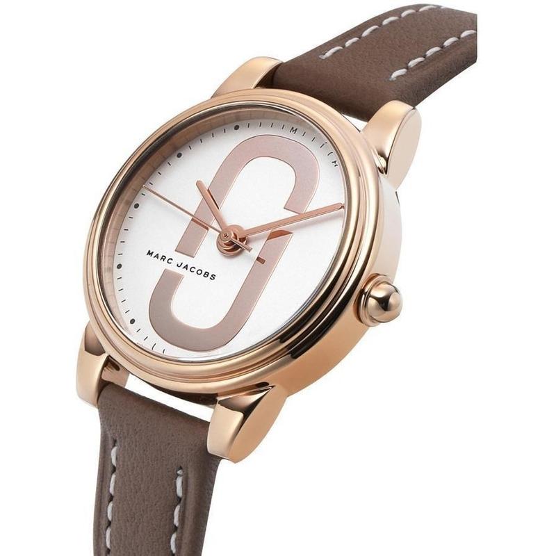 Marc Jacobs Corie women's watch angled view with white dial and brown leather strap