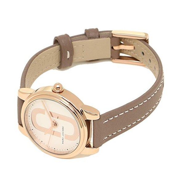 Marc Jacobs Corie watch worn on wrist showing rose gold case and brown leather strap
