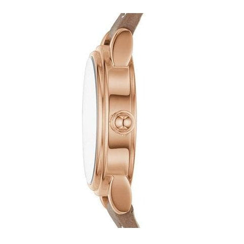Side view of Marc Jacobs Corie watch showing case profile and brown leather strap