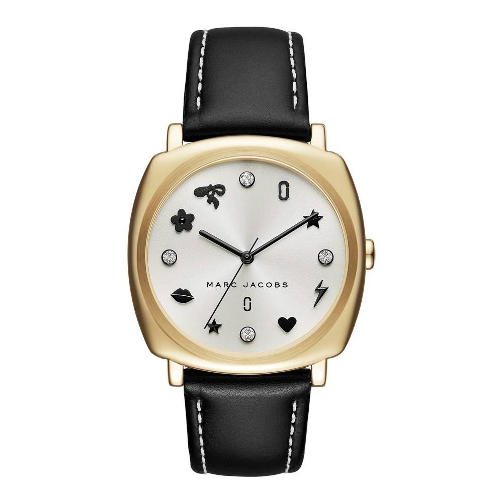 Marc Jacobs Mandy white dial watch with gold-tone case and black leather strap