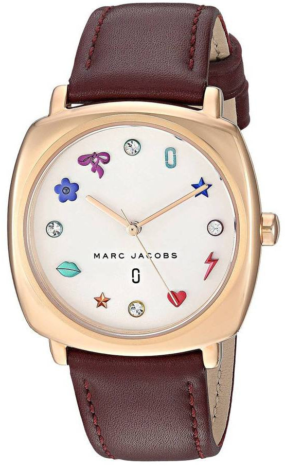 Marc Jacobs Mandy women's watch with white dial, rose gold case, and brown leather strap