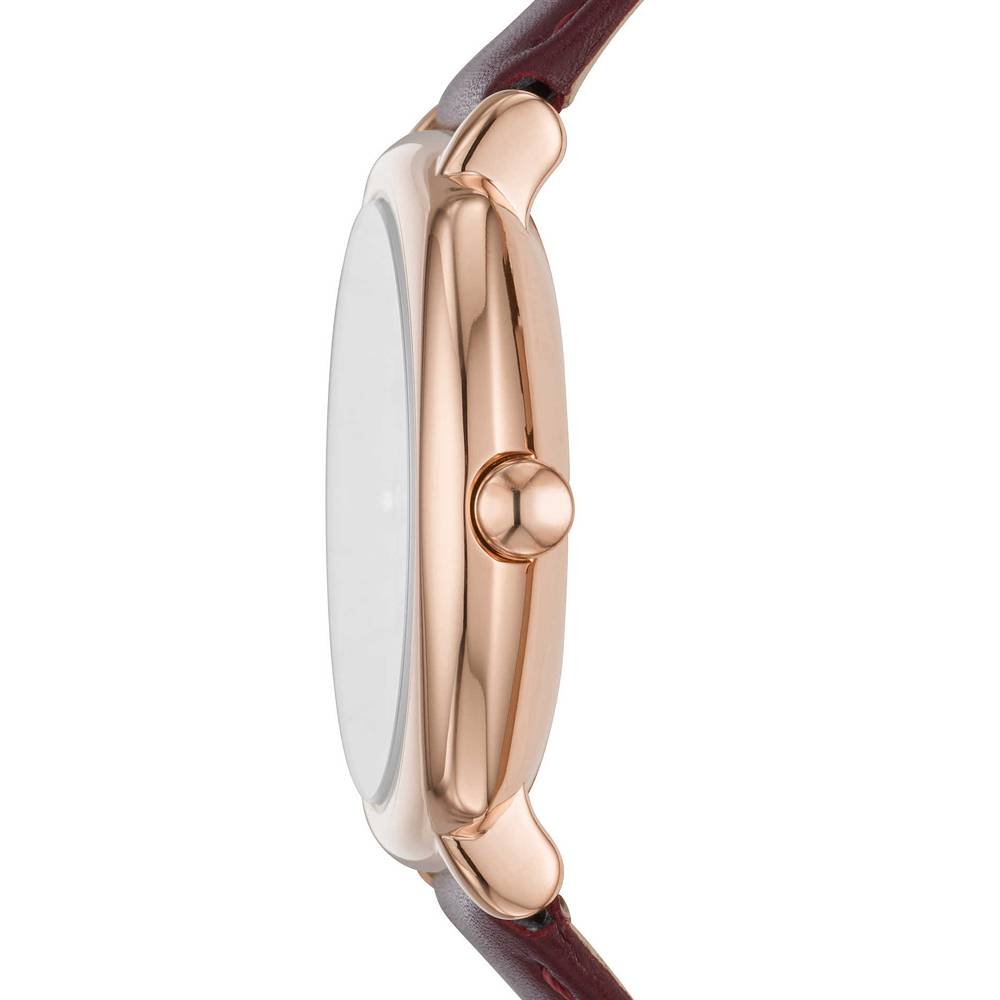 Side view of Marc Jacobs Mandy watch showing rose gold case profile and brown leather strap