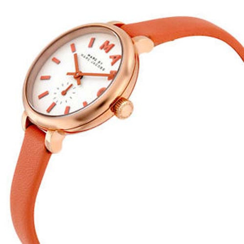 Sally watch at angle with peach leather strap and rose gold-tone lugs