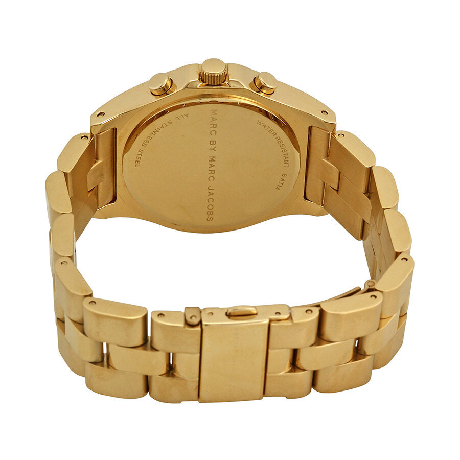 Caseback of Marc by Marc Jacobs Blade MBM3101 showing gold-tone stainless steel with engravings