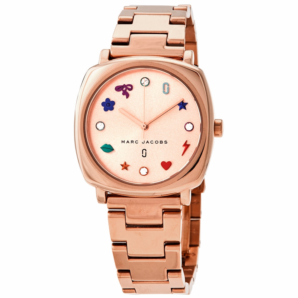 Marc Jacobs Mandy MJ3550 rose gold watch with colorful dial icons and matching bracelet
