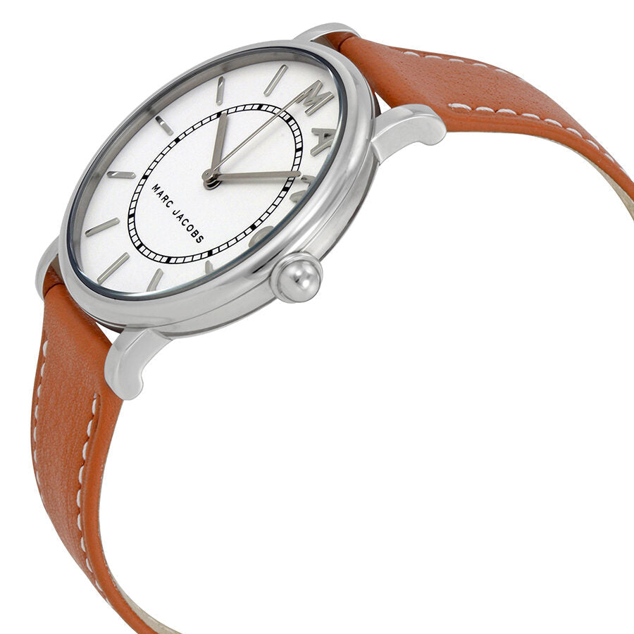 Marc Jacobs Roxy MJ1571 watch side angle showing white dial and brown leather strap