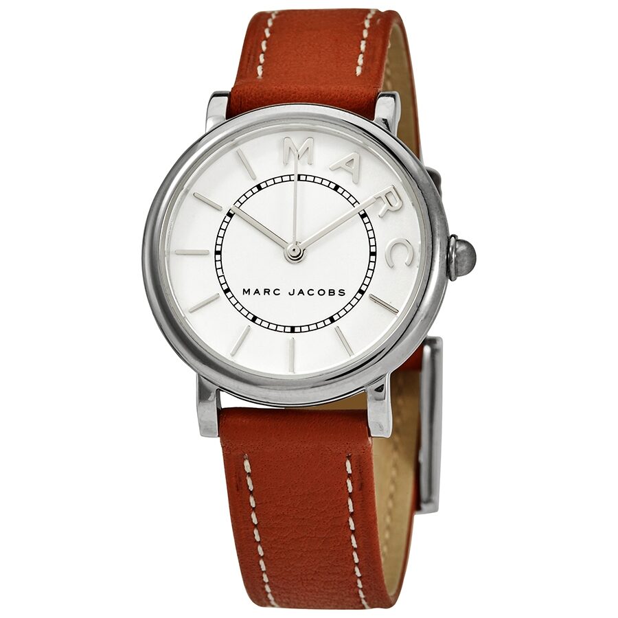 Marc Jacobs Roxy MJ1572 silver dial watch with brown leather strap, front view