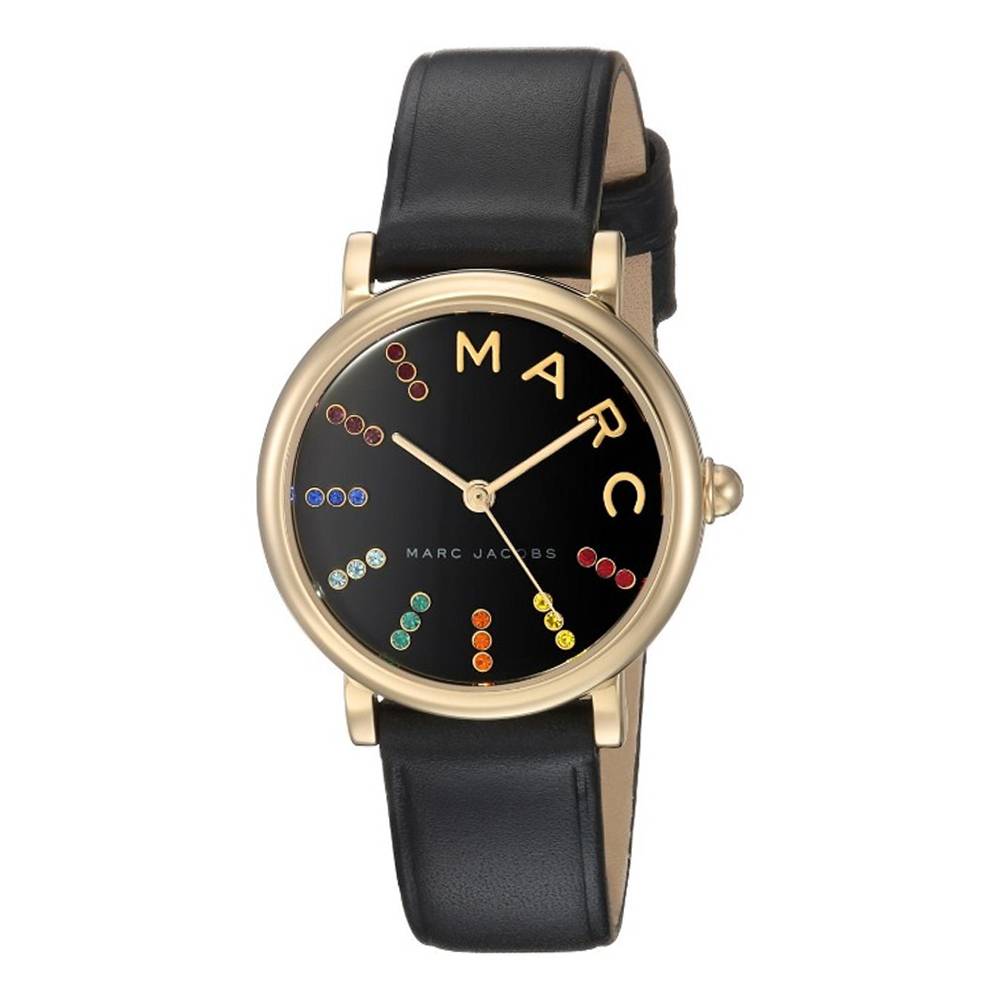 Marc Jacobs Roxy womens watch with gold tone case, black dial, and black leather strap