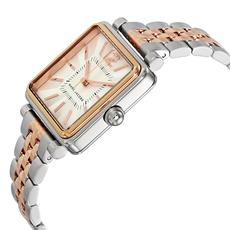 Marc Jacobs Vic two-tone watch side view showing rectangular case and mixed metal bracelet