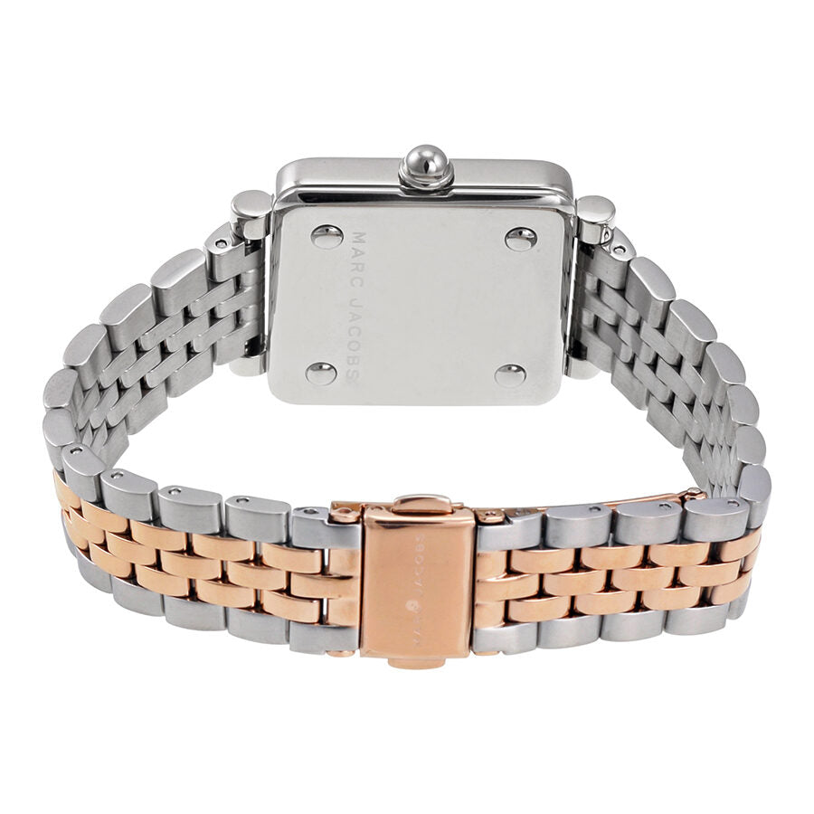 Marc Jacobs Vic watch caseback showing two-tone stainless steel and rose gold bracelet