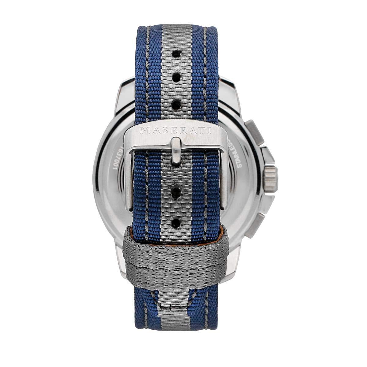 Maserati watch caseback with metal buckle and navy striped strap detail