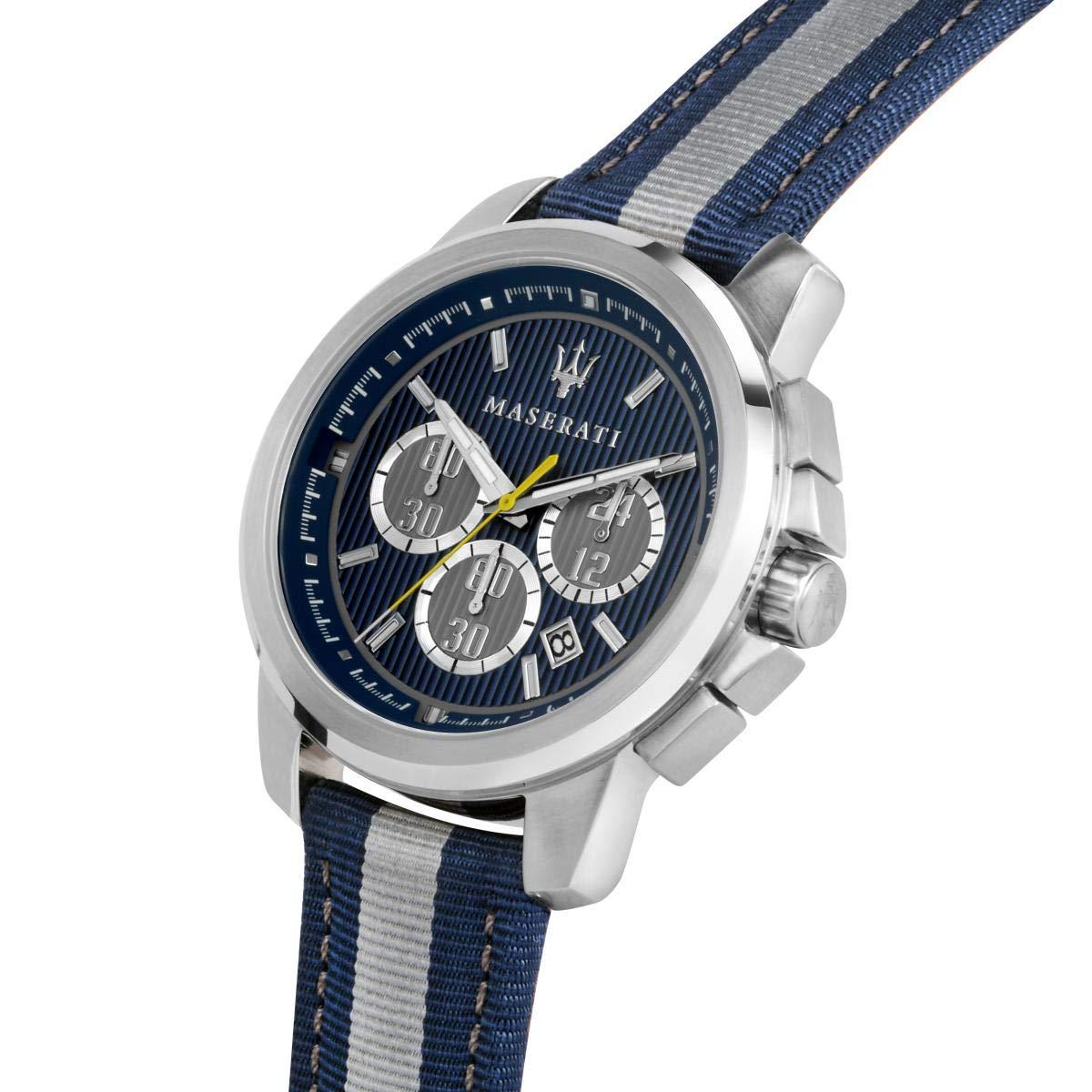 Maserati chronograph watch angled view with blue dial and fabric strap