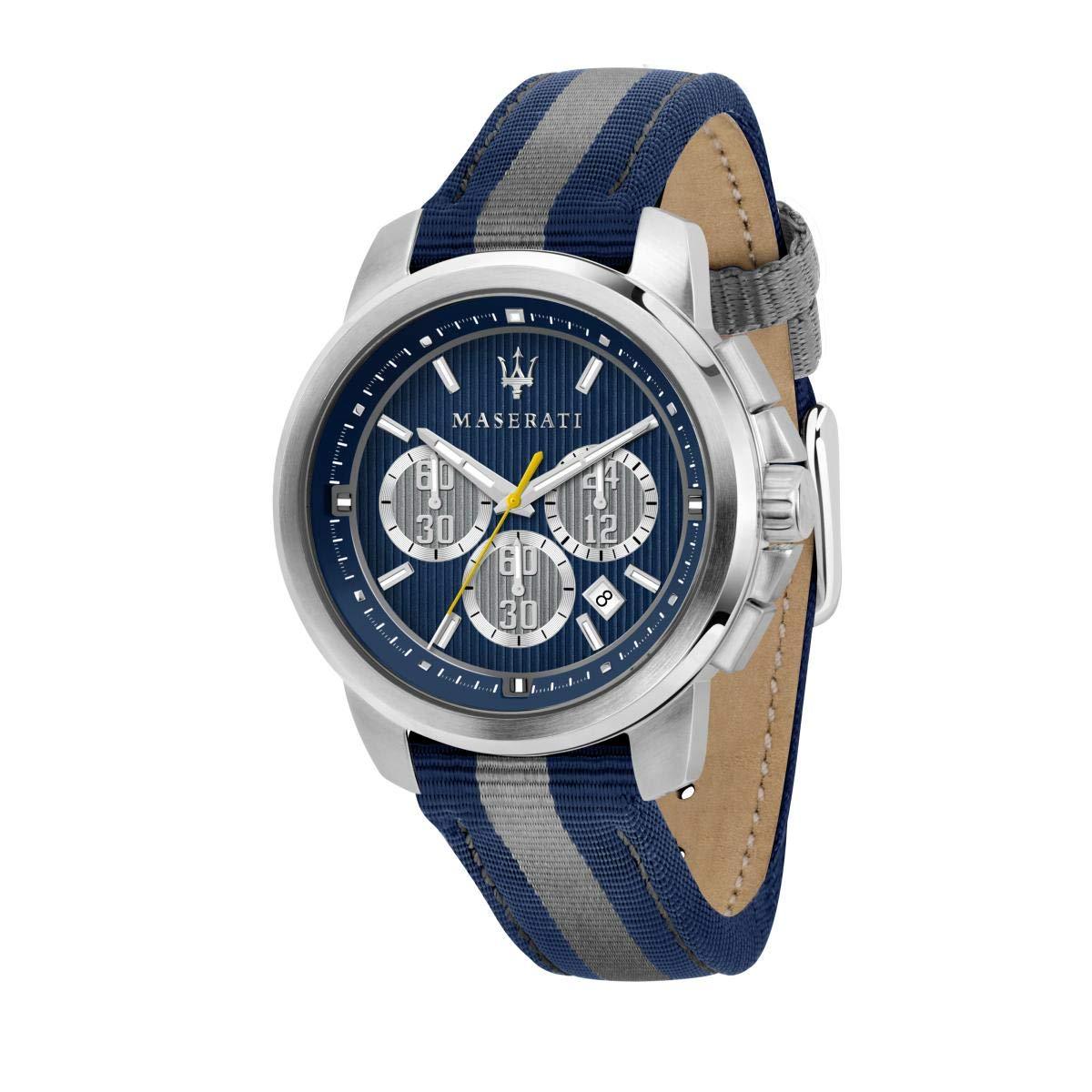 Maserati analog chronograph watch with blue dial and navy striped fabric strap