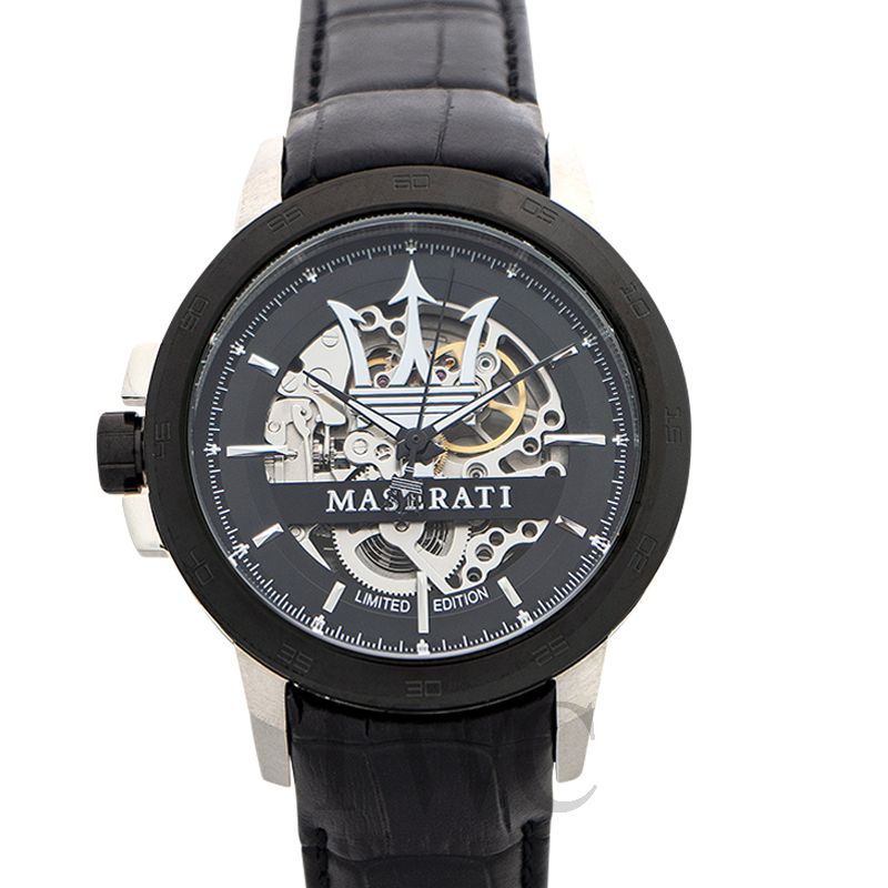 Maserati automatic skeleton black dial with stainless steel case and black leather strap