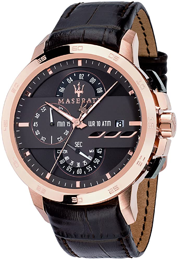 Maserati chronograph watch with rose gold case, brown dial, and black leather strap