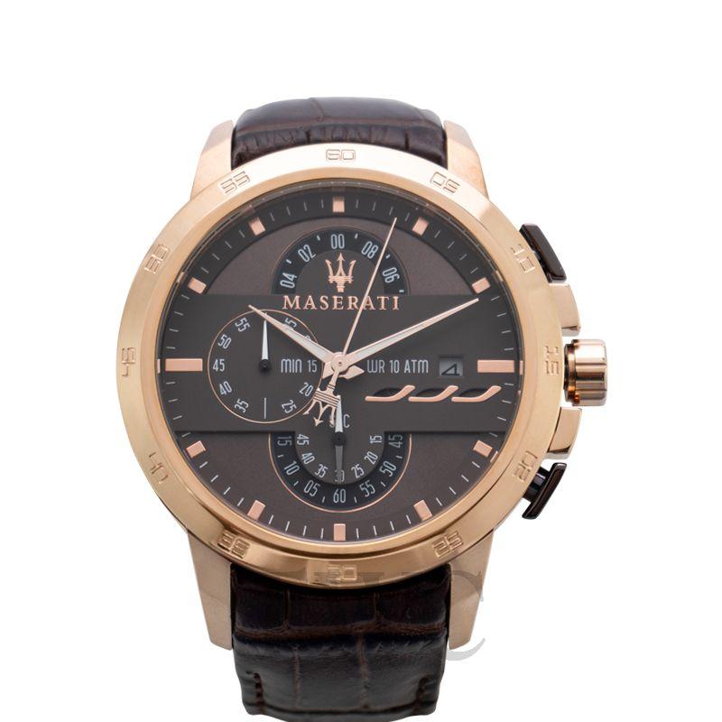 Maserati men's watch showcasing rose gold case and chronograph subdials on brown dial