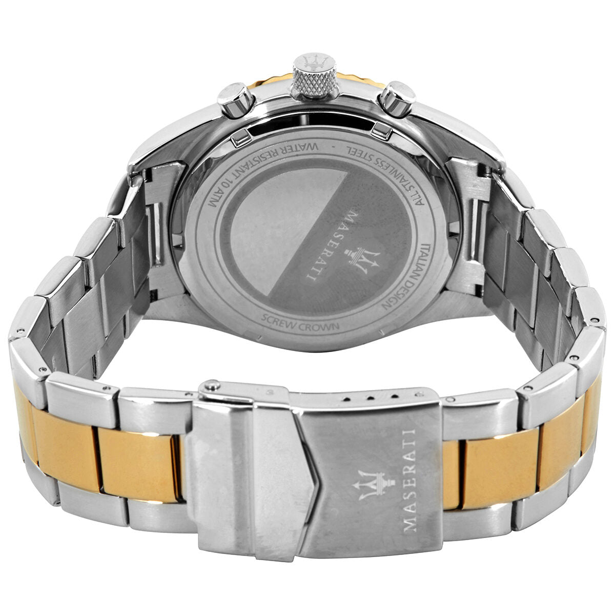 Caseback view of Maserati chronograph watch showing stainless steel case and two-tone bracelet