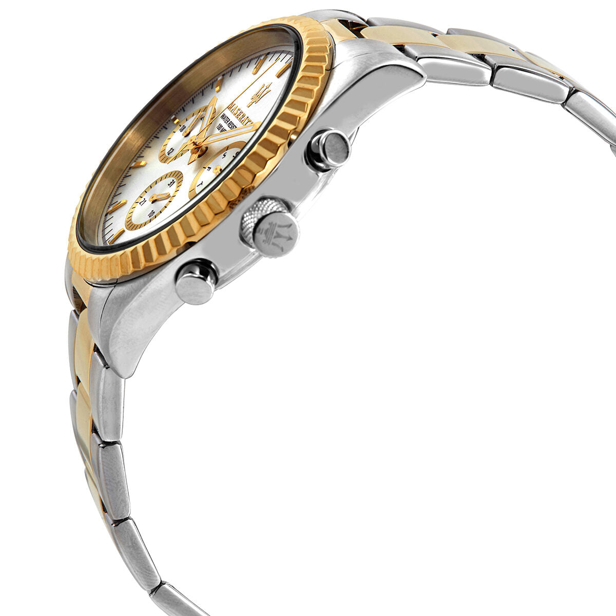 Side angle view of Maserati chronograph watch showing gold-tone bezel, case, and two-tone bracelet