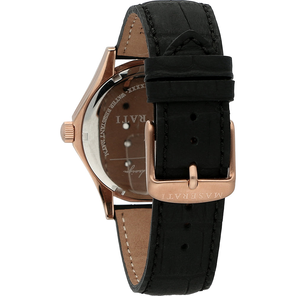 Caseback view of Maserati Circuito watch showing rose gold case and engraved details