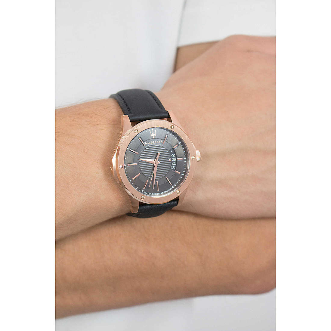 Maserati Circuito watch on wrist showing black dial and rose gold case detail