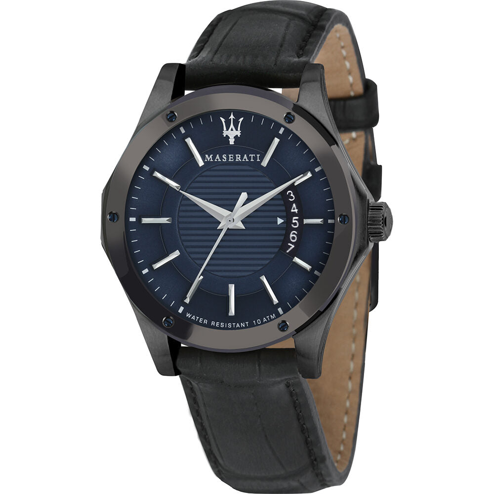 Maserati Circuito blue dial men's watch with black leather strap and Trident logo