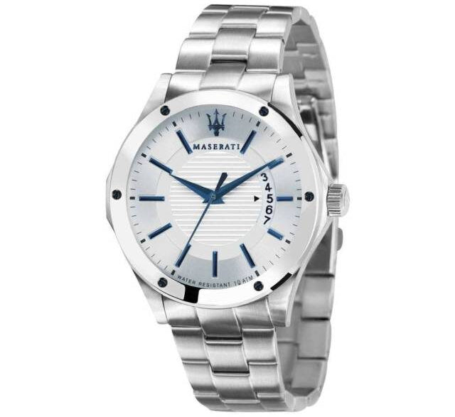 Maserati Circuito men's watch with silver dial, blue hands, and stainless steel bracelet