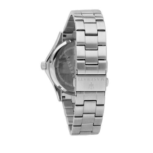 Side view of Maserati Circuito watch showing stainless steel bracelet and caseback