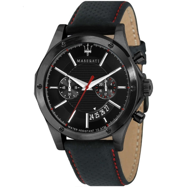 Maserati Circuito black dial chronograph watch with red accents on leather strap
