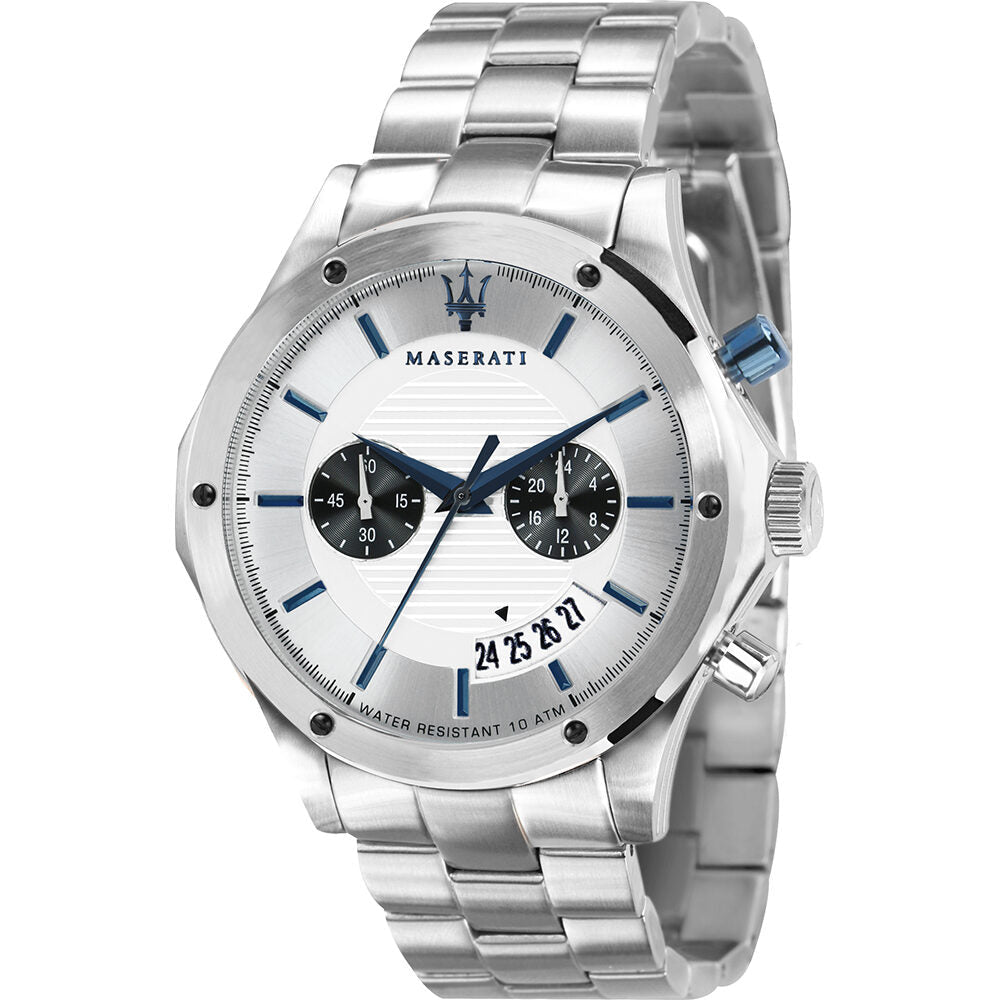 Maserati Circuito chronograph silver dial with blue hands and dual black subdials, stainless steel case