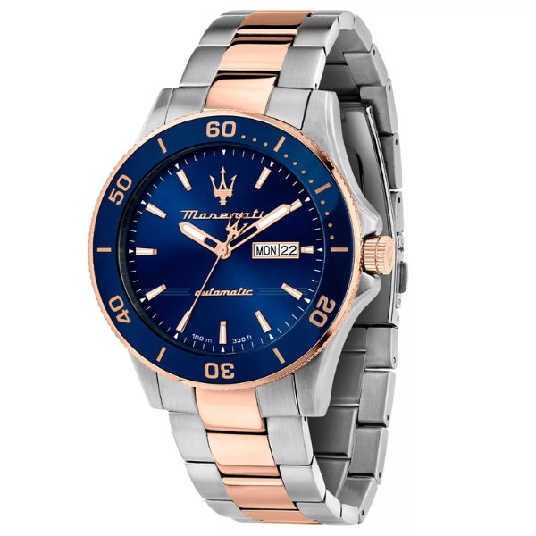 Maserati Competizione diver watch with blue dial, two-tone steel and rose gold bracelet, rotating bezel
