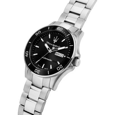 Maserati Competizione R8823100002 watch angled view showing dial and steel bracelet