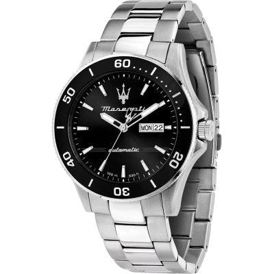 Maserati Competizione R8823100002 diver watch with black dial and steel bracelet