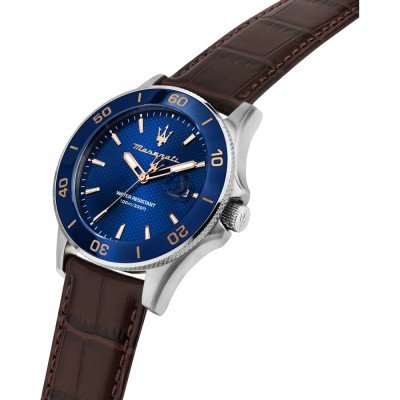 Maserati Competizione watch at angle showing blue bezel and brown leather strap