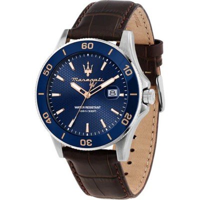 Maserati Competizione diver watch with blue dial and brown crocodile-pattern leather strap